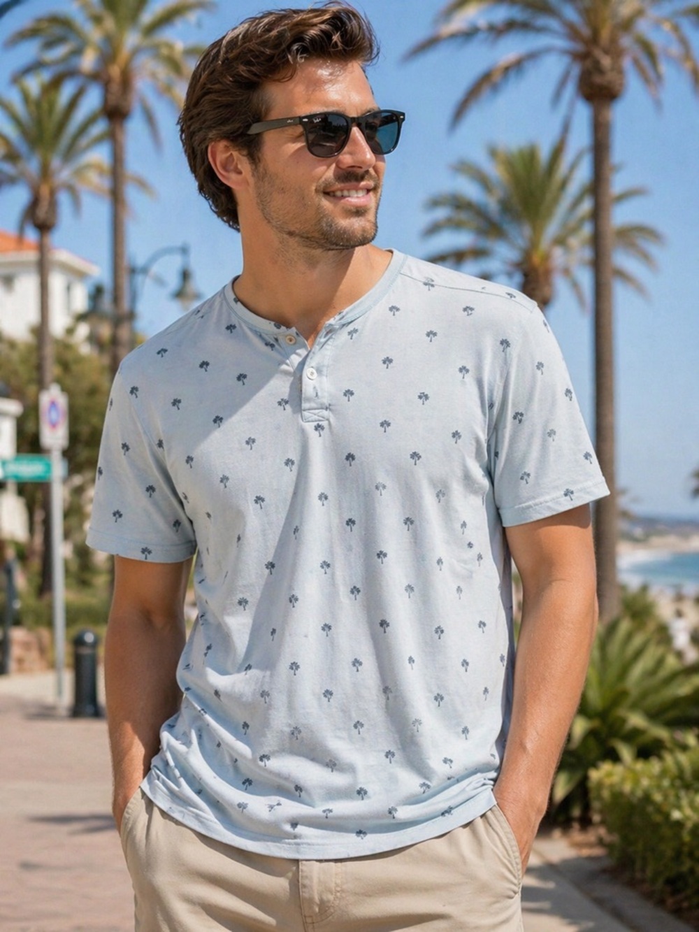 Bruno Light Blue Palm Tree Henley Tee Men’s XL Summer Beach Shirt